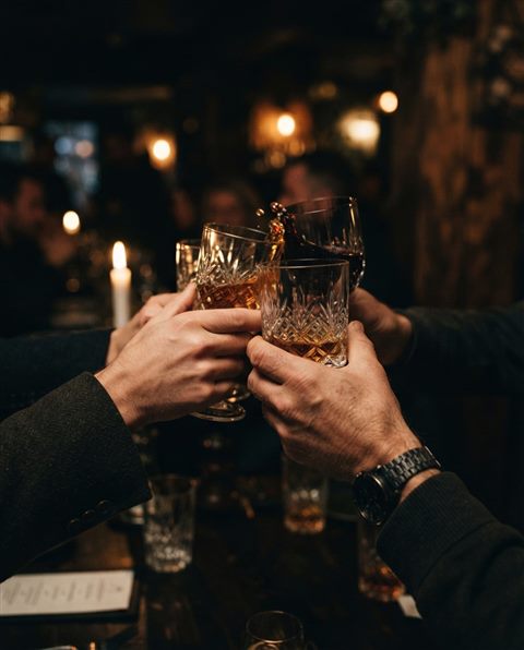 Cinematic film still of glasses raised in a toast, close-up detail with shallow depth of field, moody dark tones, dramatic lighting, 4:5 aspect ratio