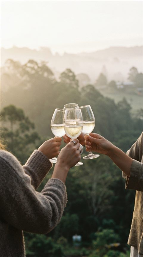 Cinematic film still of glasses raised in a toast, centered subject with a simple uncluttered composition, misty morning haze, dreamy, 9:16 aspect ratio