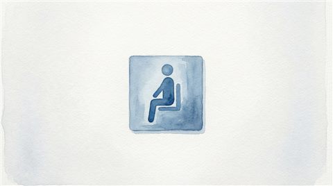 Watercolor illustration of a clean and modern minimalist toilet sign pictogram on a white wall, centered subject with a simple uncluttered composition, cool blue tones, quiet atmosphere, 16:9 aspect ratio