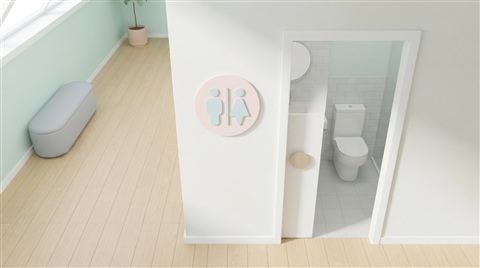 Minimal flat illustration of a clean and modern minimalist toilet sign pictogram on a white wall, high-angle view from above, soft pastel colors, bright and cozy, 16:9 aspect ratio