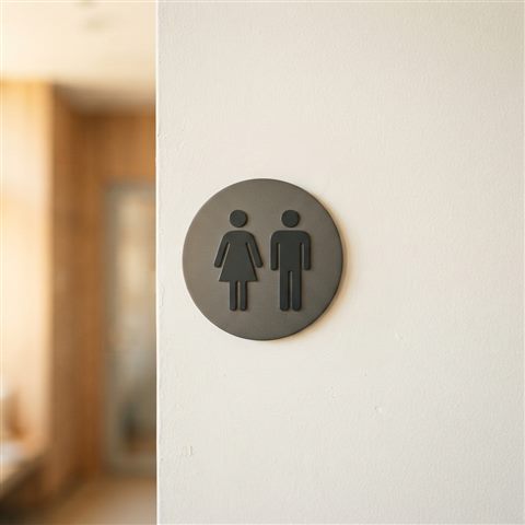 Photorealistic photo of a clean and modern minimalist toilet sign pictogram on a white wall, close-up detail with shallow depth of field, warm golden light, calm mood, 1:1 aspect ratio