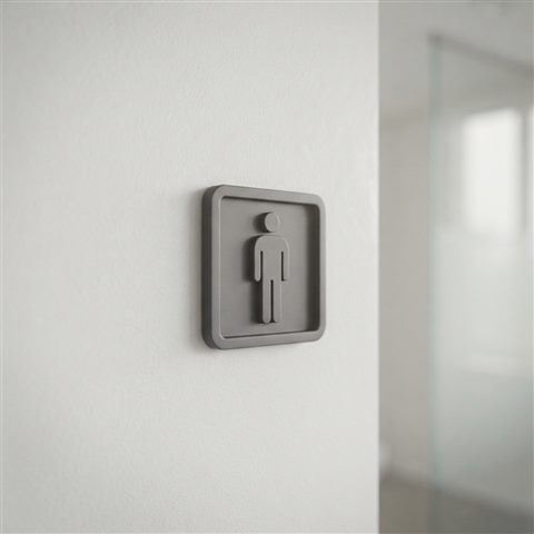 Soft 3D render of a clean and modern minimalist toilet sign pictogram on a white wall, close-up detail with shallow depth of field, misty morning haze, dreamy, 1:1 aspect ratio