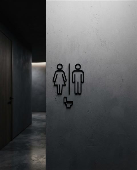 Photorealistic photo of a clean and modern minimalist toilet sign pictogram on a white wall, wide shot with open space at the top for text, moody dark tones, dramatic lighting, 4:5 aspect ratio
