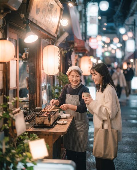 Cinematic film still of a Tokyo street at night, close-up detail with shallow depth of field, soft pastel colors, bright and cozy, 4:5 aspect ratio