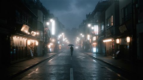 Photorealistic photo of a Tokyo street at night, centered subject with a simple uncluttered composition, misty morning haze, dreamy, 16:9 aspect ratio
