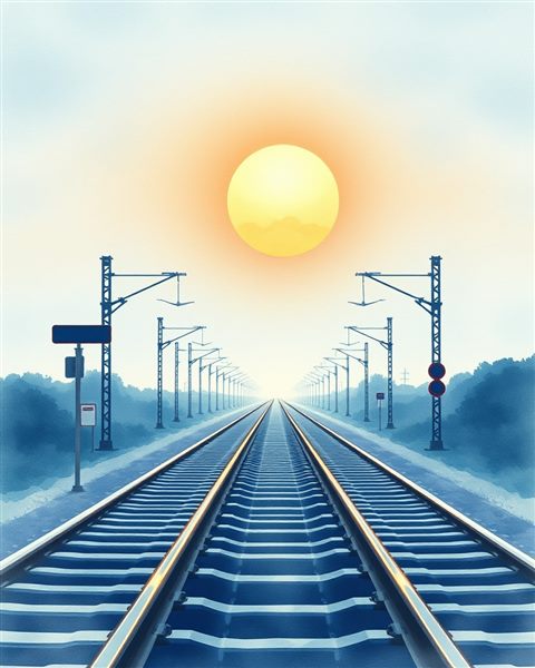 Watercolor illustration of Empty railway tracks stretching into the distance under the warm glow of a sunset, wide shot with open space at the top for text, cool blue tones, quiet atmosphere, 4:5 aspect ratio