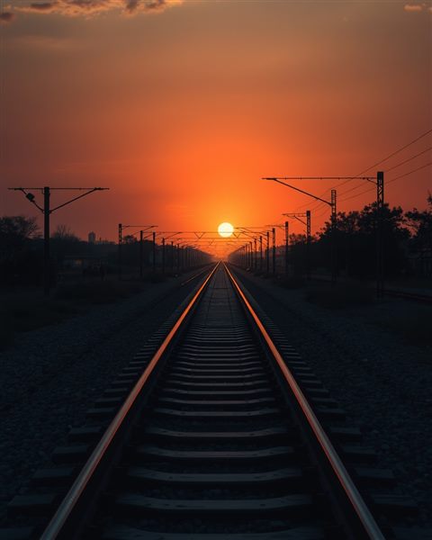 Photorealistic photo of Empty railway tracks stretching into the distance under the warm glow of a sunset, wide shot with open space at the top for text, moody dark tones, dramatic lighting, 4:5 aspect ratio