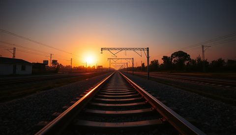 Cinematic film still of Empty railway tracks stretching into the distance under the warm glow of a sunset, centered subject with a simple uncluttered composition, vivid colors, high contrast, energetic, 16:9 aspect ratio