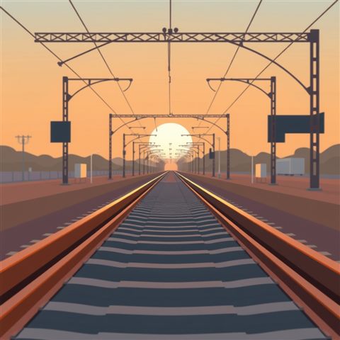 Minimal flat illustration of Empty railway tracks stretching into the distance under the warm glow of a sunset, close-up detail with shallow depth of field, soft pastel colors, bright and cozy, 1:1 aspect ratio
