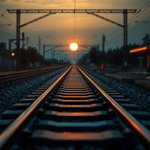 Photorealistic photo of Empty railway tracks stretching into the distance under the warm glow of a sunset, close-up detail with shallow depth of field, warm golden light, calm mood, 1:1 aspect ratio