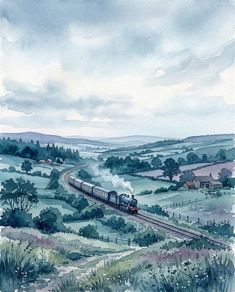 Watercolor illustration of a train running through the countryside, wide shot with open space at the top for text, cool blue tones, quiet atmosphere, 4:5 aspect ratio