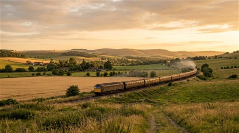 Photorealistic photo of a train running through the countryside, wide shot with open space at the top for text, warm golden light, calm mood, 16:9 aspect ratio