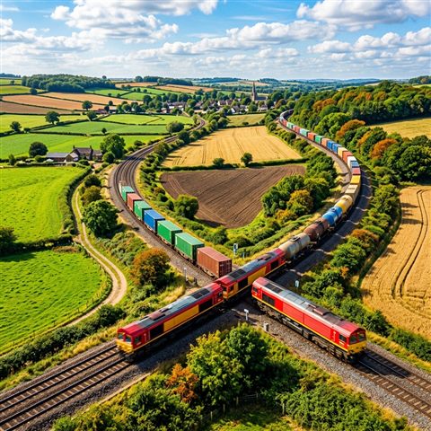 Photorealistic photo of a train running through the countryside, high-angle view from above, vivid colors, high contrast, energetic, 1:1 aspect ratio