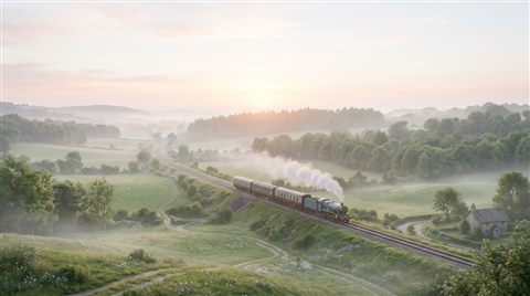 Soft 3d render of a train running through the countryside, wide shot with open space at the top for text, misty morning haze, dreamy, 16:9 aspect ratio