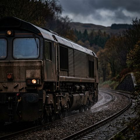 Photorealistic photo of a train running through the countryside, close-up detail with shallow depth of field, moody dark tones, dramatic lighting, 1:1 aspect ratio