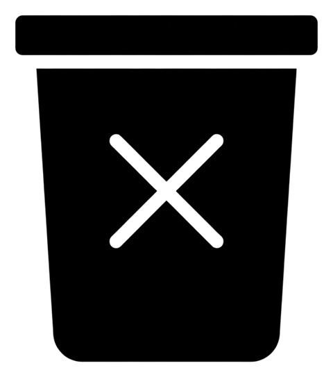 Bold black glyph icon, solid filled silhouette of a trash can delete icon, transparent background PNG