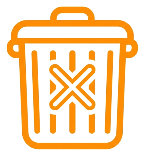 Rounded line icon, thick orange outline of a trash can delete icon, transparent background PNG
