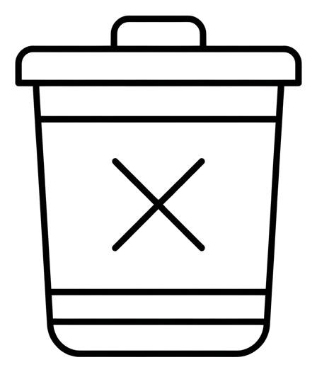 Thin black line icon, minimal outline of a trash can delete icon, transparent background PNG