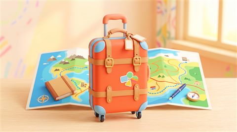 Soft 3d render of travel suitcase and map, centered subject with a simple uncluttered composition, vivid colors, high contrast, energetic, 16:9 aspect ratio