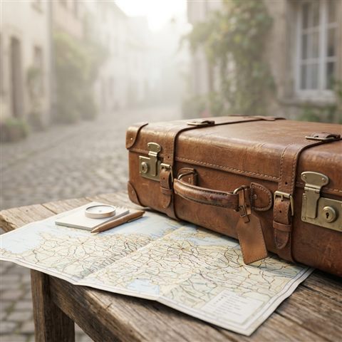 Soft 3d render of travel suitcase and map, close-up detail with shallow depth of field, misty morning haze, dreamy, 1:1 aspect ratio