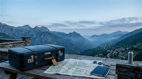 Photorealistic photo of travel suitcase and map, wide shot with open space at the top for text, cool blue tones, quiet atmosphere, 16:9 aspect ratio