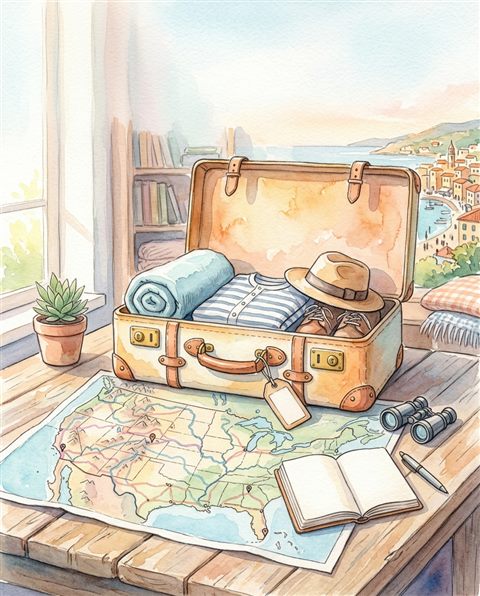 Watercolor illustration of travel suitcase and map, wide shot with open space at the top for text, soft pastel colors, bright and cozy, 4:5 aspect ratio