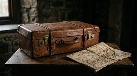 Photorealistic photo of travel suitcase and map, centered subject with a simple uncluttered composition, moody dark tones, dramatic lighting, 16:9 aspect ratio