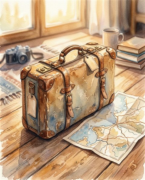 Watercolor illustration of travel suitcase and map, centered subject with a simple uncluttered composition, warm golden light, calm mood, 4:5 aspect ratio