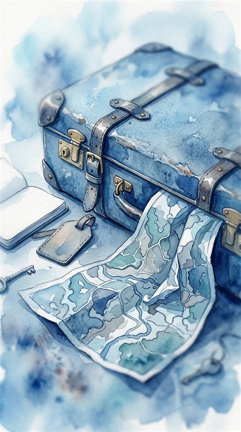 Watercolor illustration of travel suitcase and map, close-up detail with shallow depth of field, cool blue tones, quiet atmosphere, 9:16 aspect ratio