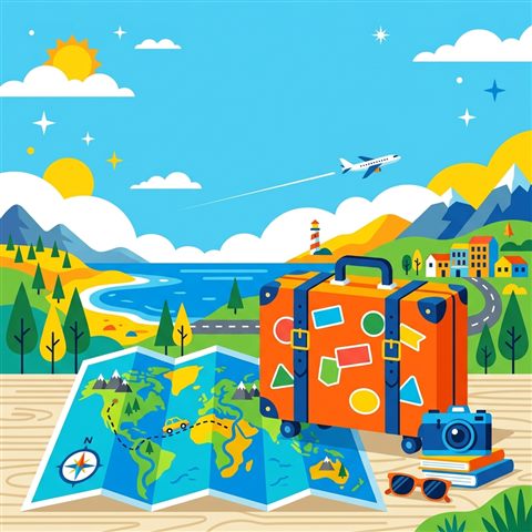 Minimal flat illustration of travel suitcase and map, wide shot with open space at the top for text, vivid colors, high contrast, energetic, 1:1 aspect ratio