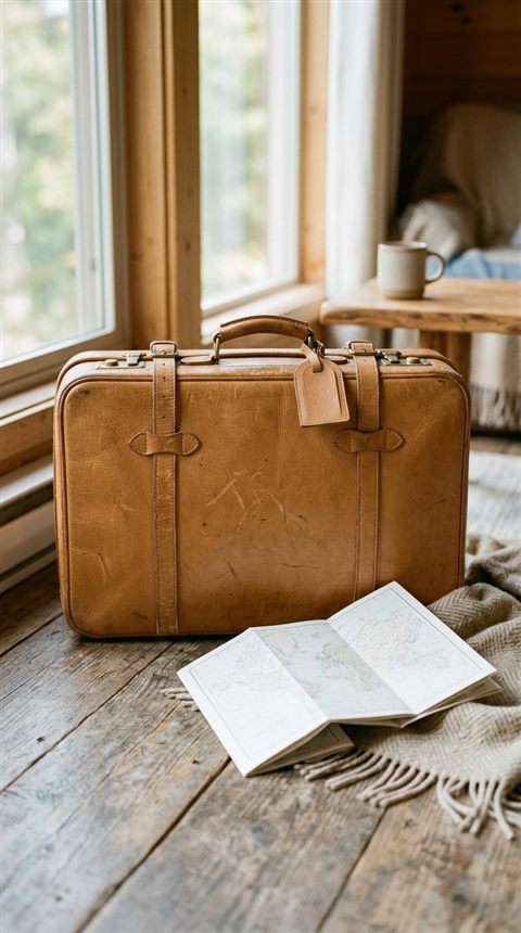 Cinematic film still of travel suitcase and map, centered subject with a simple uncluttered composition, soft pastel colors, bright and cozy, 9:16 aspect ratio