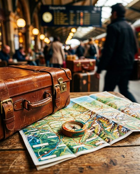 Cinematic film still of travel suitcase and map, close-up detail with shallow depth of field, vivid colors, high contrast, energetic, 4:5 aspect ratio