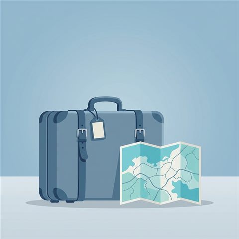 Minimal flat illustration of travel suitcase and map, centered subject with a simple uncluttered composition, cool blue tones, quiet atmosphere, 1:1 aspect ratio