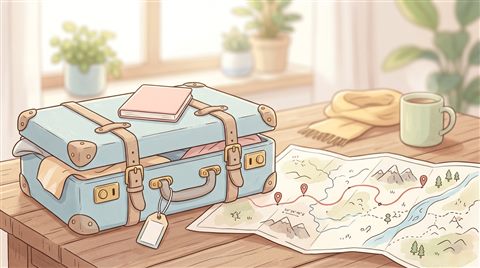 Minimal flat illustration of travel suitcase and map, close-up detail with shallow depth of field, soft pastel colors, bright and cozy, 16:9 aspect ratio