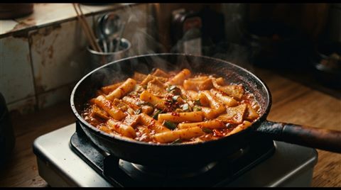 Cinematic film still of spicy red tteokbokki rice cakes in a pan, centered subject with a simple uncluttered composition, vivid colors, high contrast, energetic, 16:9 aspect ratio