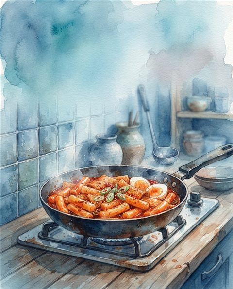 Watercolor illustration of spicy red tteokbokki rice cakes in a pan, wide shot with open space at the top for text, cool blue tones, quiet atmosphere, 4:5 aspect ratio