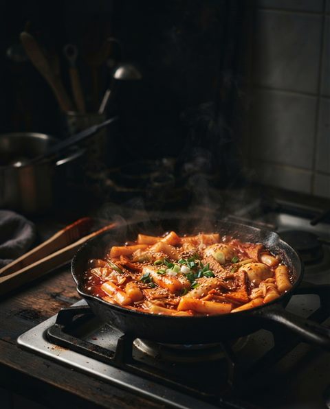 Photorealistic photo of spicy red tteokbokki rice cakes in a pan, wide shot with open space at the top for text, moody dark tones, dramatic lighting, 4:5 aspect ratio