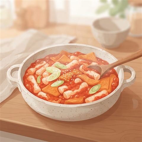 Minimal flat illustration of spicy red tteokbokki rice cakes in a pan, close-up detail with shallow depth of field, soft pastel colors, bright and cozy, 1:1 aspect ratio
