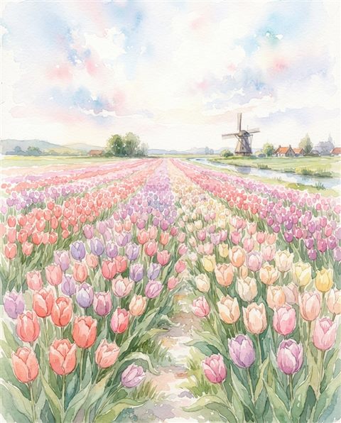 Watercolor illustration of tulip field, centered subject with a simple uncluttered composition, soft pastel colors, bright and cozy, 4:5 aspect ratio