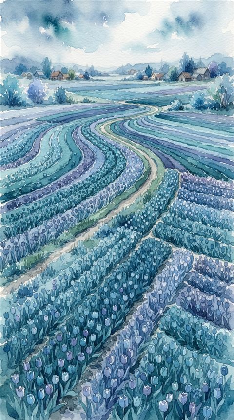 Watercolor illustration of tulip field, high-angle view from above, cool blue tones, quiet atmosphere, 9:16 aspect ratio