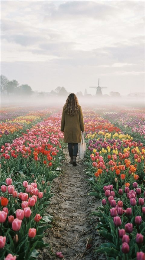 Cinematic film still of tulip field, centered subject with a simple uncluttered composition, misty morning haze, dreamy, 9:16 aspect ratio