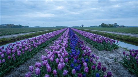 Photorealistic photo of tulip field, centered subject with a simple uncluttered composition, cool blue tones, quiet atmosphere, 16:9 aspect ratio