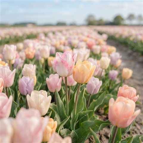 Photorealistic photo of tulip field, close-up detail with shallow depth of field, soft pastel colors, bright and cozy, 1:1 aspect ratio