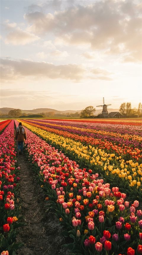 Cinematic film still of tulip field, wide shot with open space at the top for text, warm golden light, calm mood, 9:16 aspect ratio