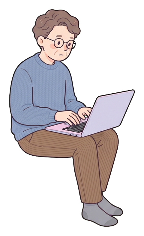 Simple cute flat cartoon illustration with soft pastel colors and thin clean dark outlines of a middle-aged man, person typing on a laptop with focus, transparent background PNG