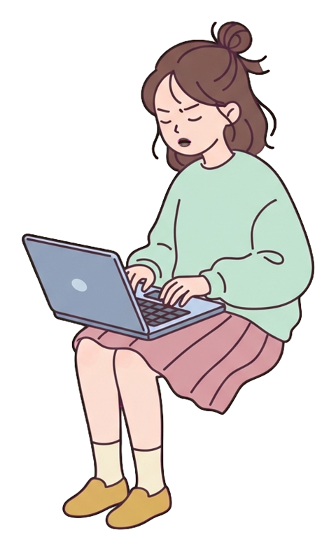 Simple cute flat cartoon illustration with soft pastel colors and thin clean dark outlines of a young woman, person typing on a laptop with focus, transparent background PNG