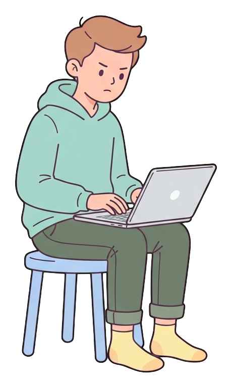 Simple cute flat cartoon illustration with soft pastel colors and thin clean dark outlines of a young man, person typing on a laptop with focus, transparent background PNG