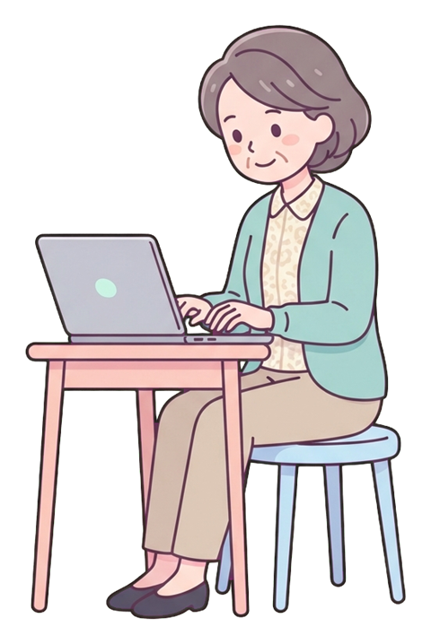 Simple cute flat cartoon illustration with soft pastel colors and thin clean dark outlines of a middle-aged woman, person typing on a laptop with focus, transparent background PNG