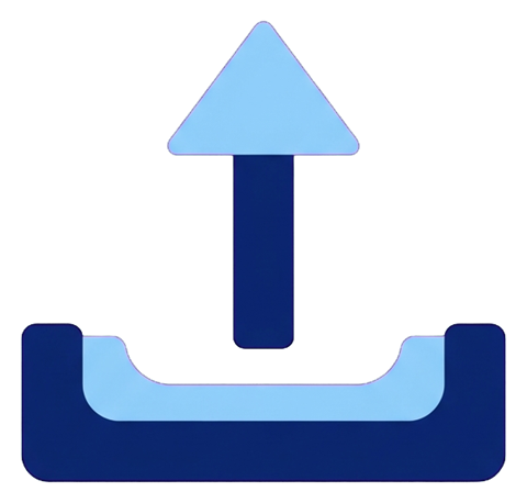 Duotone icon, navy blue and light blue of an upload icon with an upward arrow out of a tray, transparent background PNG
