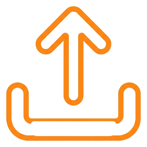 Rounded line icon, thick orange outline of an upload icon with an upward arrow out of a tray, transparent background PNG